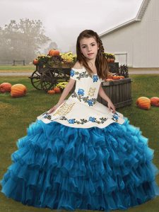 Delicate Blue Straps Neckline Embroidery and Ruffled Layers Little Girl Pageant Gowns Sleeveless Lace Up