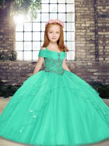 Aqua Blue Ball Gowns Tulle Straps Sleeveless Beading Floor Length Lace Up Little Girl Pageant Gowns