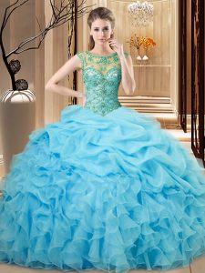 Traditional Organza Scoop Sleeveless Lace Up Beading and Ruffles Quinceanera Gowns in Baby Blue