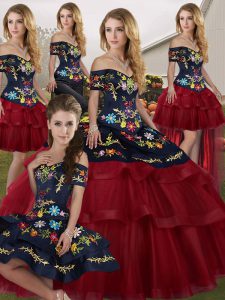 Off The Shoulder Sleeveless 15th Birthday Dress Brush Train Embroidery and Ruffled Layers Wine Red Tulle