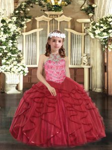 Halter Top Sleeveless Lace Up Little Girl Pageant Dress Red Tulle