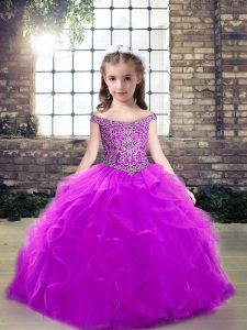Traditional Sleeveless Tulle Floor Length Lace Up Little Girl Pageant Dress in Purple with Beading and Ruffles