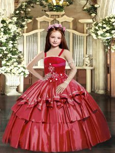 Red Straps Neckline Beading and Ruffled Layers Child Pageant Dress Sleeveless Lace Up