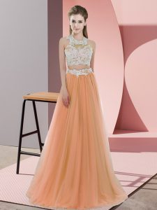 Orange Dama Dress for Quinceanera Wedding Party with Lace Halter Top Sleeveless Zipper