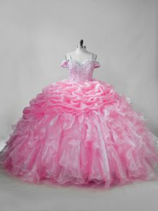 Elegant Brush Train Ball Gowns Sweet 16 Quinceanera Dress Pink Straps Organza Sleeveless Lace Up