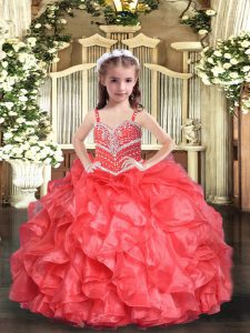 Coral Red Organza Lace Up Little Girl Pageant Gowns Sleeveless Floor Length Beading and Ruffles
