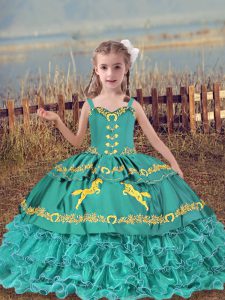Beading and Embroidery and Ruffled Layers High School Pageant Dress Teal Lace Up Sleeveless Floor Length