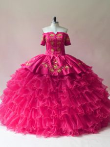 Sexy Fuchsia Sleeveless Embroidery and Ruffled Layers Floor Length 15 Quinceanera Dress
