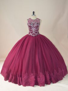 Beautiful Burgundy Ball Gowns Tulle Scoop Long Sleeves Beading and Appliques Floor Length Lace Up Sweet 16 Quinceanera Dress