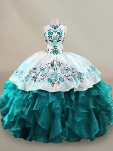 Glamorous Sleeveless Organza Floor Length Lace Up Ball Gown Prom Dress in Teal with Embroidery and Ruffles