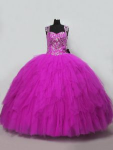 Best Fuchsia Ball Gowns Beading and Ruffles Sweet 16 Dresses Lace Up Tulle Sleeveless Floor Length