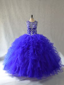 Royal Blue Ball Gowns Scoop Sleeveless Tulle Floor Length Lace Up Beading and Ruffles Quinceanera Gowns