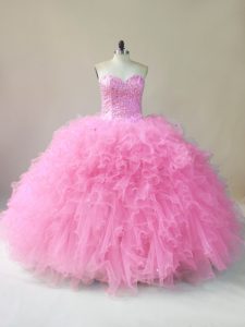 Floor Length Baby Pink Quince Ball Gowns Tulle Sleeveless Beading and Ruffles