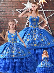 Sweet Embroidery Quinceanera Gowns Blue Lace Up Sleeveless