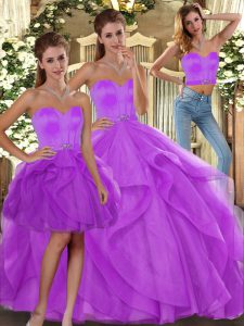 Luxurious Lilac Lace Up Quinceanera Dress Beading and Ruffles Sleeveless Floor Length