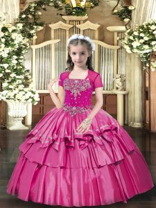Hot Pink Straps Neckline Beading Pageant Gowns For Girls Sleeveless Lace Up