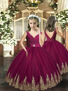 Floor Length Burgundy Little Girls Pageant Dress Sleeveless Backless