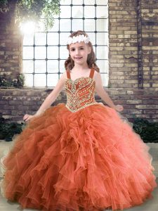 Best Straps Sleeveless Lace Up Evening Gowns Rust Red Tulle