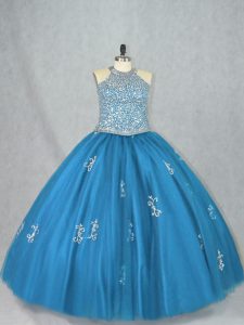 Fantastic Blue Vestidos de Quinceanera Sweet 16 and Quinceanera with Beading and Appliques Halter Top Sleeveless Lace Up