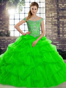Green Tulle Lace Up Off The Shoulder Sleeveless Quinceanera Dress Brush Train Beading and Pick Ups