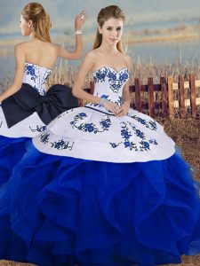 Tulle Sweetheart Sleeveless Lace Up Embroidery and Ruffles and Bowknot Ball Gown Prom Dress in Royal Blue