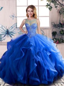 Ball Gowns 15th Birthday Dress Royal Blue Scoop Tulle Sleeveless Floor Length Lace Up