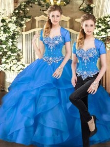 Blue Two Pieces Sweetheart Sleeveless Tulle Floor Length Lace Up Beading and Ruffles Sweet 16 Dress