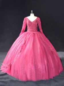 Hot Pink Sweet 16 Dresses Sweet 16 and Quinceanera with Lace and Appliques V-neck Long Sleeves Lace Up