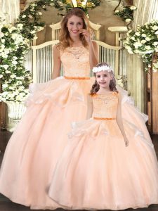 Fashion Peach Ball Gowns Scoop Sleeveless Organza Floor Length Zipper Lace Quinceanera Dresses
