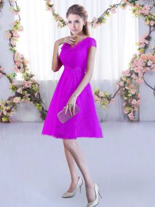 New Style A-line Quinceanera Court Dresses Fuchsia V-neck Lace Cap Sleeves Mini Length Lace Up