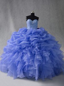 Edgy Blue Sleeveless Floor Length Beading and Ruffles and Pick Ups Lace Up Quince Ball Gowns