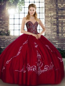 Wine Red Sleeveless Floor Length Beading and Embroidery Lace Up Sweet 16 Dress
