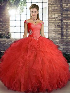 Orange Red Tulle Lace Up Off The Shoulder Sleeveless Floor Length Quinceanera Gown Beading and Ruffles