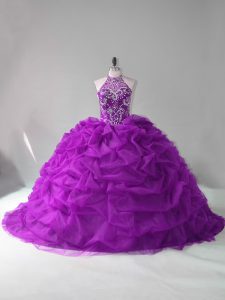 Lace Up Quince Ball Gowns Purple for Sweet 16 and Quinceanera with Beading and Pick Ups Court Train