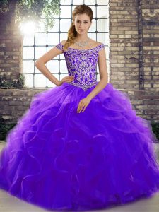 Comfortable Sleeveless Brush Train Beading and Ruffles Lace Up Quince Ball Gowns