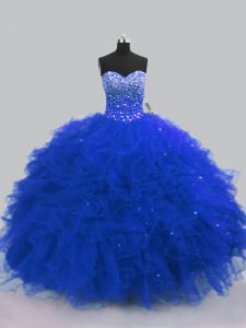 Artistic Royal Blue Lace Up Sweetheart Beading and Ruffles Quinceanera Gown Tulle Sleeveless