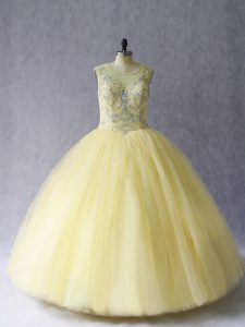 Cute Tulle Scoop Sleeveless Lace Up Beading Quinceanera Gown in Light Yellow