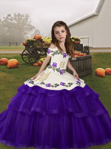 Simple Purple Sleeveless Embroidery and Ruffled Layers Floor Length Little Girl Pageant Dress