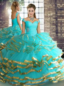Aqua Blue Ball Gown Prom Dress Military Ball and Sweet 16 and Quinceanera with Beading and Ruffled Layers Off The Shoulder Sleeveless Lace Up