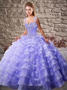 Fashionable Lavender Organza Lace Up Straps Sleeveless 15th Birthday Dress Court Train Beading and Ruffled Layers