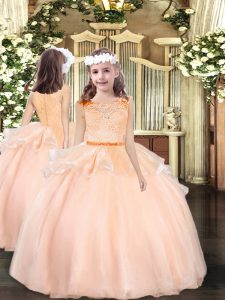 Peach Ball Gowns Organza Scoop Sleeveless Lace Floor Length Zipper Kids Formal Wear