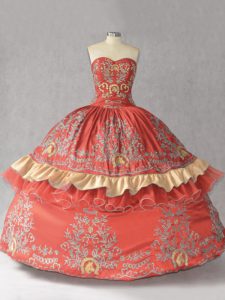 Sleeveless Satin and Organza Floor Length Lace Up 15th Birthday Dress in Rust Red with Embroidery and Bowknot