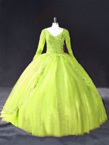 Fantastic V-neck Long Sleeves Quinceanera Dress Floor Length Lace and Appliques Yellow Green Tulle