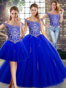 Simple Sleeveless Tulle Floor Length Lace Up Sweet 16 Quinceanera Dress in Royal Blue with Beading