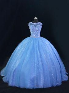 Blue Quinceanera Dress Tulle and Sequined Sleeveless Beading