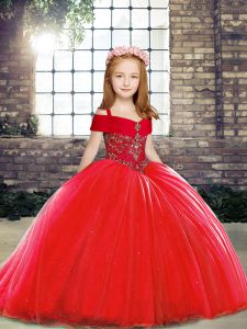 Red Lace Up Little Girl Pageant Gowns Beading Sleeveless Brush Train
