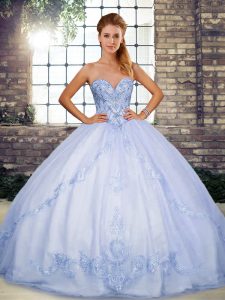 Fine Sweetheart Sleeveless Quince Ball Gowns Floor Length Beading and Embroidery Lavender Tulle