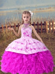 Lilac Lace Up Girls Pageant Dresses Beading and Embroidery and Ruffles Sleeveless Floor Length