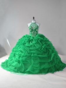 Green Lace Up Halter Top Beading and Pick Ups Quinceanera Gowns Tulle Sleeveless Court Train