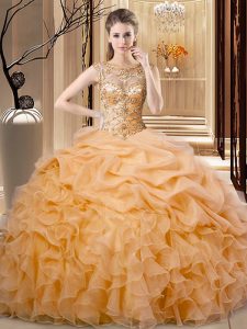 Flirting Orange Lace Up Scoop Beading and Ruffles Quinceanera Gown Organza Sleeveless